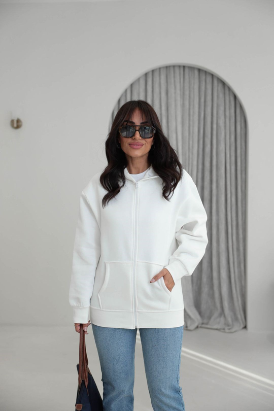 042 Fermuarlı Kapşonlu Sweatshirt EKRU