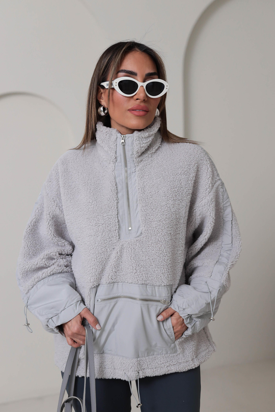 Yarım Fermuarlı Paraşüt Kumaş Detaylı Sweatshirt GRİ