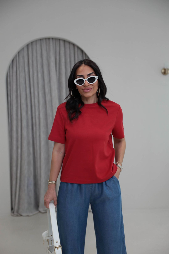 6074 Bisiklet Yaka Pamuklu Basic Tshirt KIRMIZI