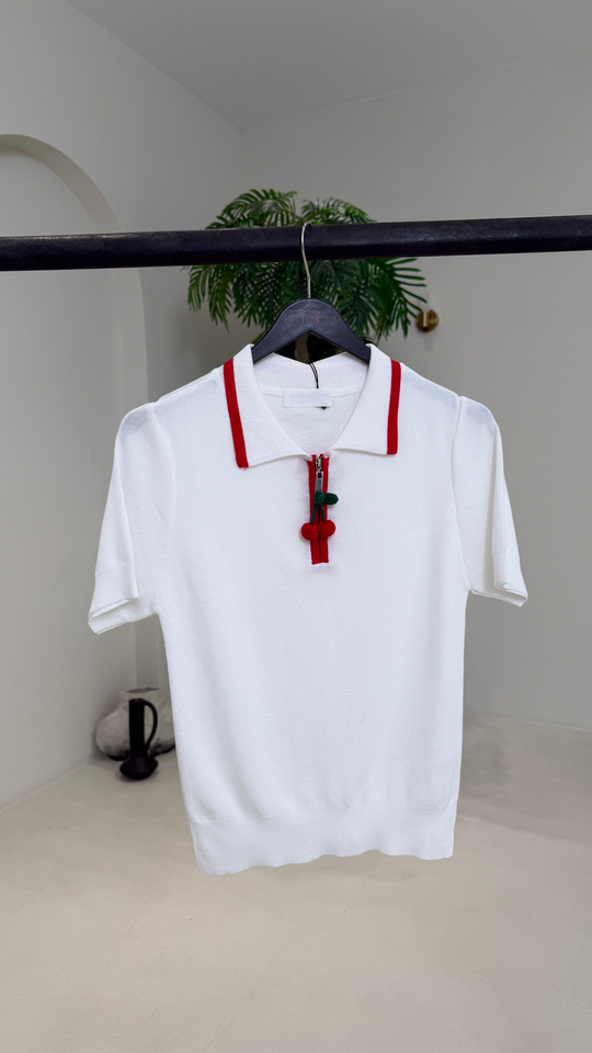 0620 Fermuarı Kiraz Aksesuarlı Rayon Triko Bluz EKRU