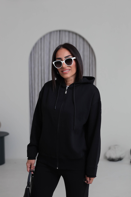 7316 Kapşonlu Fermuarlı Şardonlu Sweatshirt SİYAH