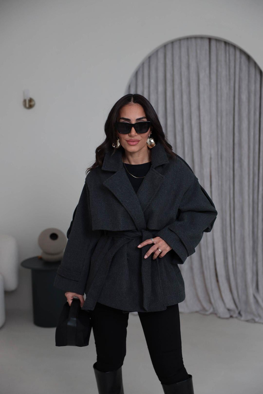 9669 Kuşaklı Oversize Premium Kaşe Ceket FÜME