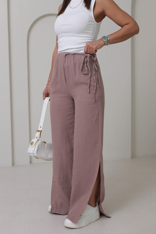 8028 Paça Yırtmaçlı Müslin Pantolon GÜL KURUSU