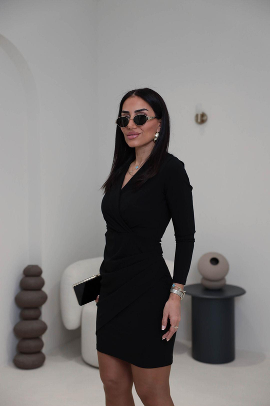 3037 Kruvaze Drapeli Crep Elbise SİYAH