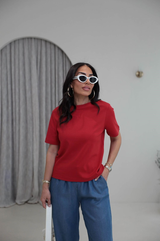6074 Bisiklet Yaka Pamuklu Basic Tshirt KIRMIZI