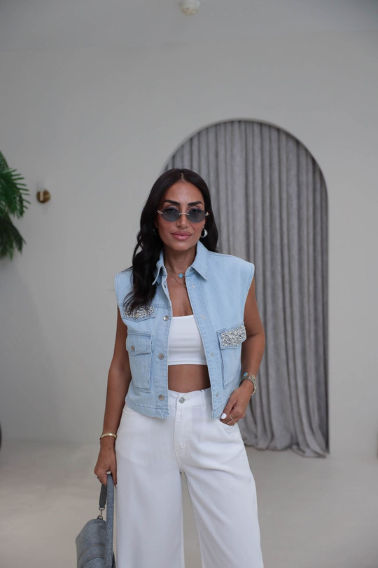 7457 Taş ve İnci İşlemeli Denim Crop Yelek MAVİ