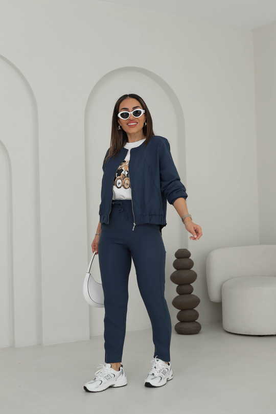 3193 Fermuar Ve Önü Lastik Detaylı Tencel Kumaş Takım Indigo