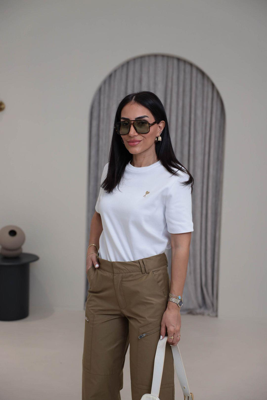 Gold Metal Kalpli Bisiklet Yaka Pamuklu Tshirt BEYAZ