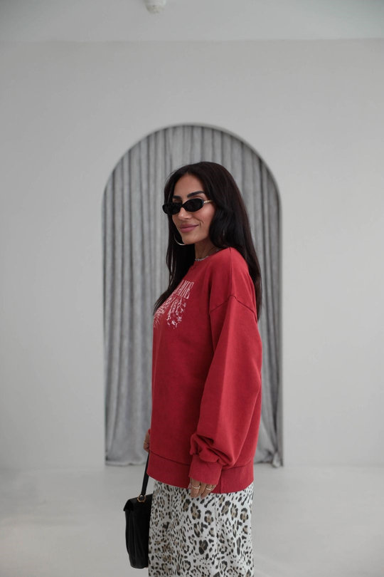 9106 Kaplan Baskılı Ribanalı İki İplik Sweatshirt KIRMIZI