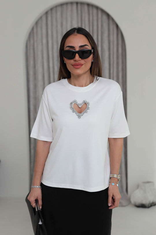 8111 Kalp Dekolteli Taşlı Modal Tshirt EKRU