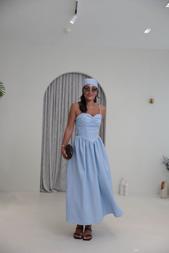 4058 Çizgili Bandana Detaylı Elbise MAVİ