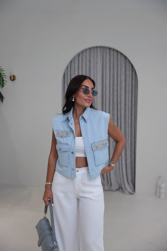 7457 Taş ve İnci İşlemeli Denim Crop Yelek MAVİ
