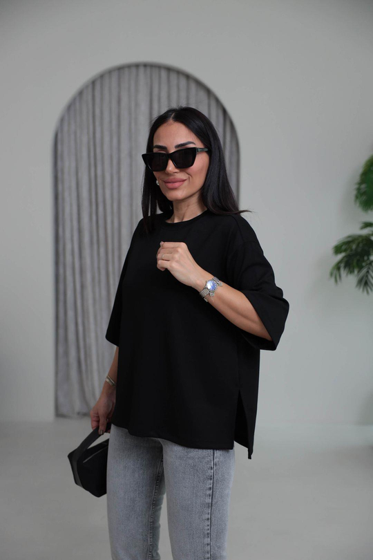 1066 Yanları Yırtmaçlı Bisiklet Yaka Modal Tshirt SİYAH