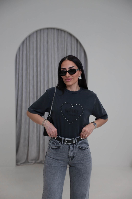 8112 Kalp Nakışlı Taşlı Bisiklet Yaka Tshirt ANTRASİT