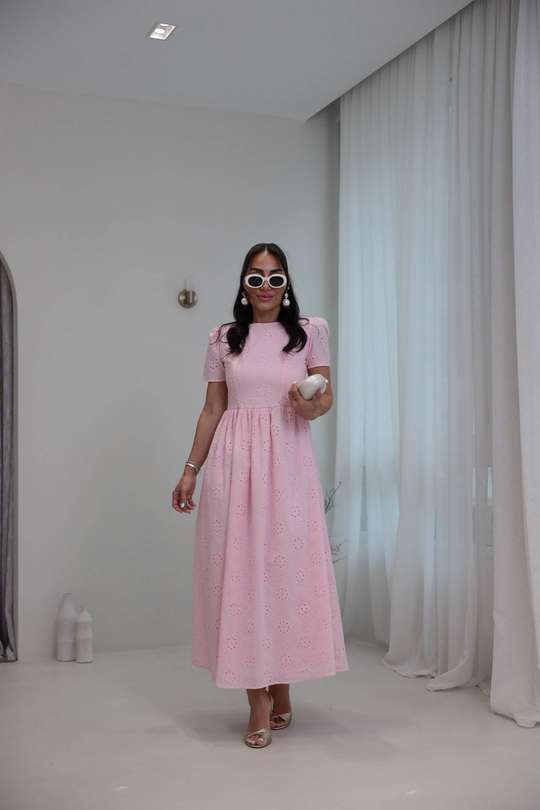 7139 Fisto Kumaş Astarlı Uzun Elbise PEMBE