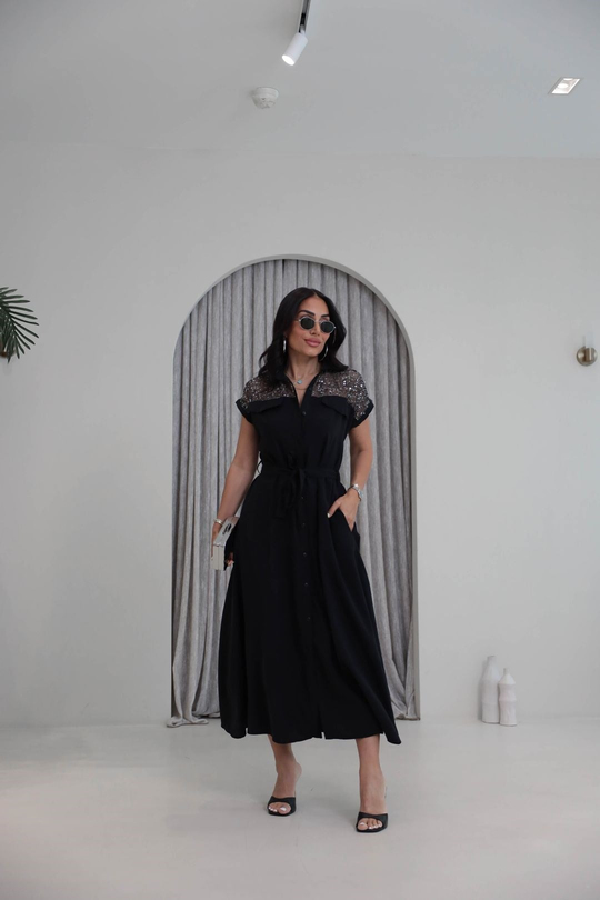 7184 Pul ve File Detaylı Tencel Kumaş Elbise SİYAH