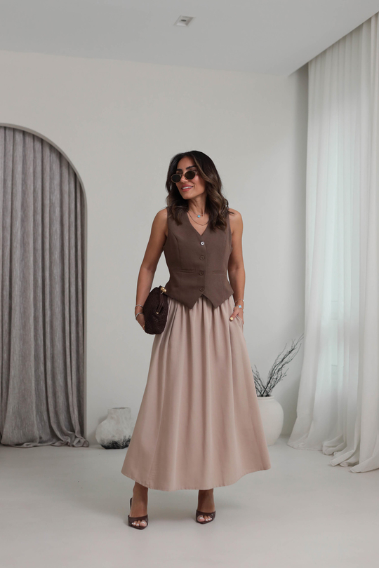 7730 Cepli Beli Lastikli Midi Etek CAMEL