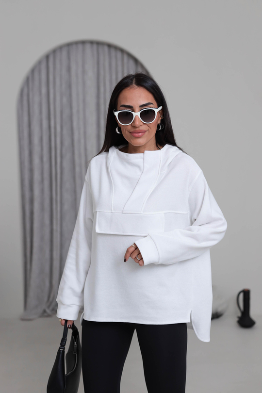 1750 Yaka Detay Selanik Kapşonlu Sweatshirt BEYAZ