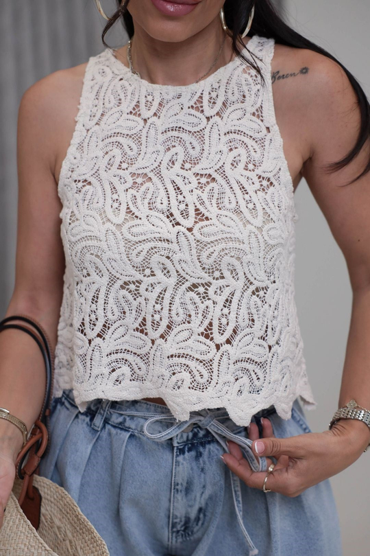 5222 Halter Yaka Güpürlü Dantel Crop Bluz KREM