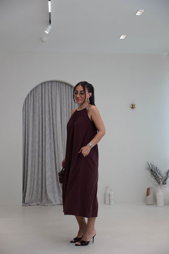 1106C İpli Halter Yaka Cepli Tencel Elbise BORDO