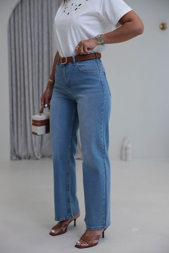 8171 Süet Kemerli Yıkamalı Straight Pantolon MAVİ