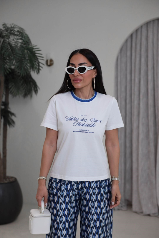 1843 Yakası Örgü Detaylı Yazılı Tshirt LACİVERT