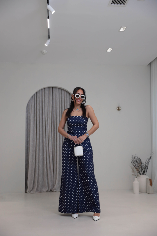 4161 Puantiyeli Askılı Bluz Pantolon Takım LACİVERT