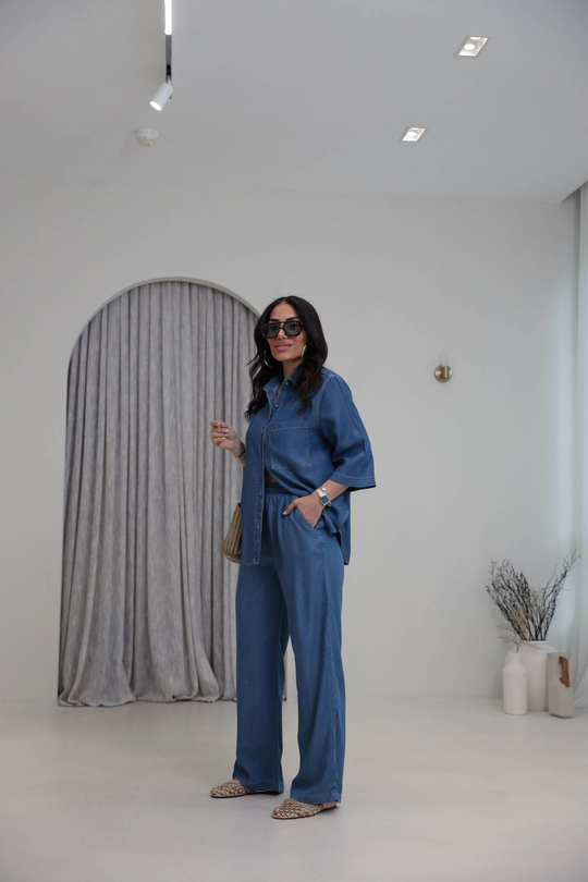 0926 Tencel Kumaş Gömlek ve Pantolon Takım KOYU MAVİ