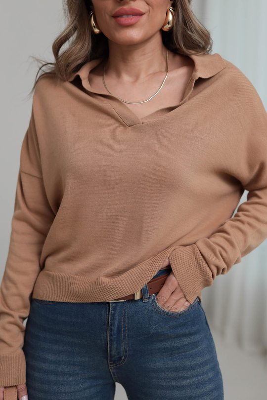 3215 Polo Yaka Mevsimlik Triko Bluz TABA