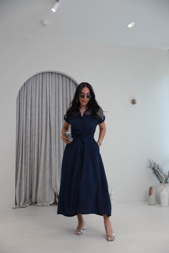 7184 Pul ve File Detaylı Tencel Kumaş Elbise LACİVERT