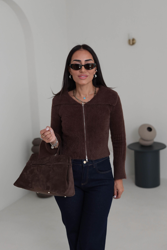 4952 Çift Fermuarlı Kol Yırtmaçlı Triko Hırka Bluz KAHVE
