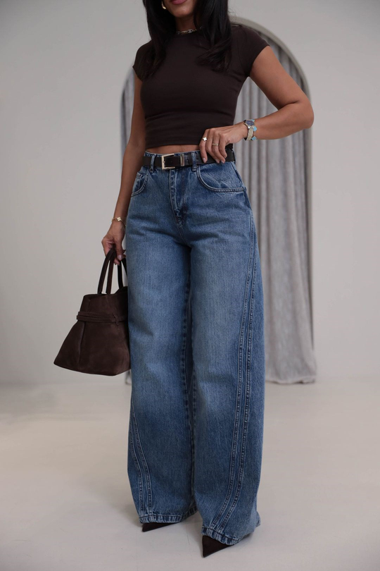 1067 Yanları Dikiş Detaylı Wide Leg Denim Pantolon TİNTLİ MAVİ