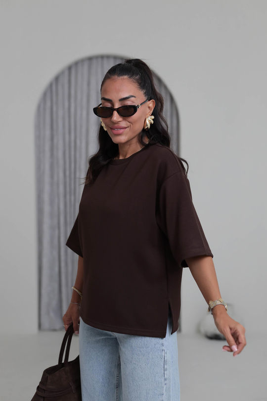 4783 Bisiklet Yaka Rahat Modal Cupra Tshirt KAHVE