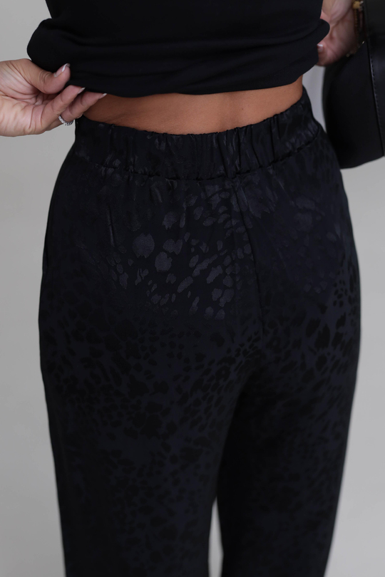 0338 Leopar Desen Saten Pantolon SİYAH