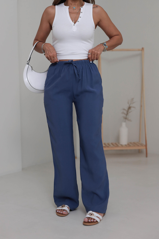 Beli Lastikli Bağcıklı Tencel Pantolon Indigo