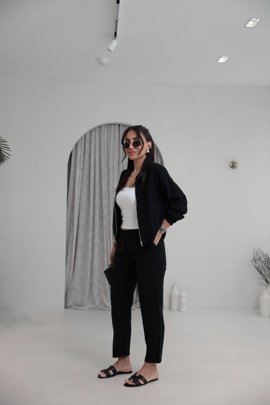 7132 Fermuarlı Tok Tencel Ceket Pantolon Takım SİYAH