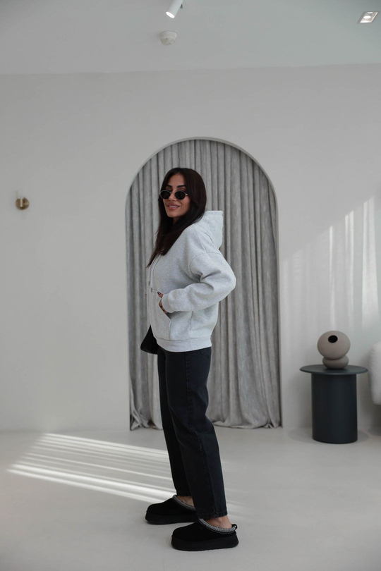 4290 Sırtı Taşlı Kapşonlu Sweatshirt GRİ