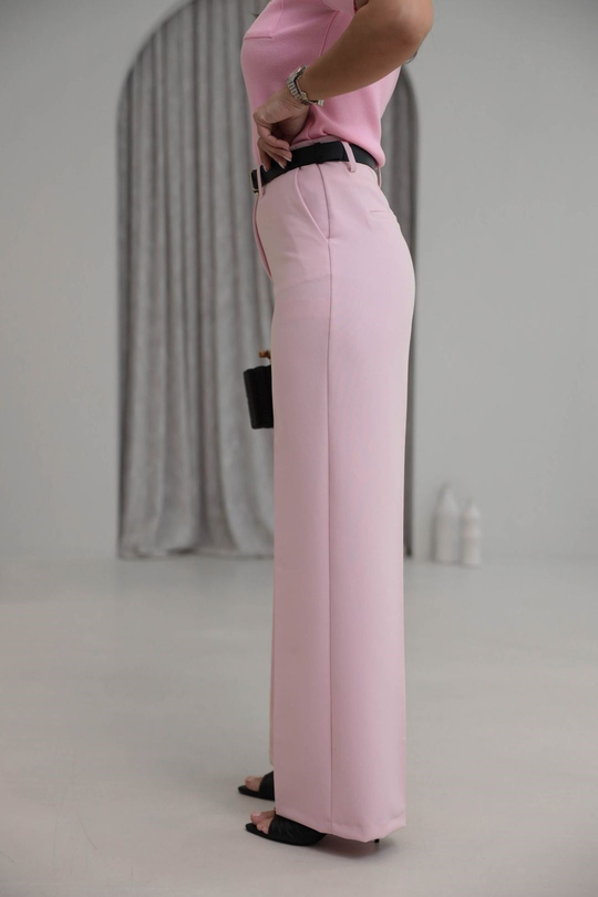 7515 Arka Cepli Kemerli Geniş Paça Pantolon PEMBE