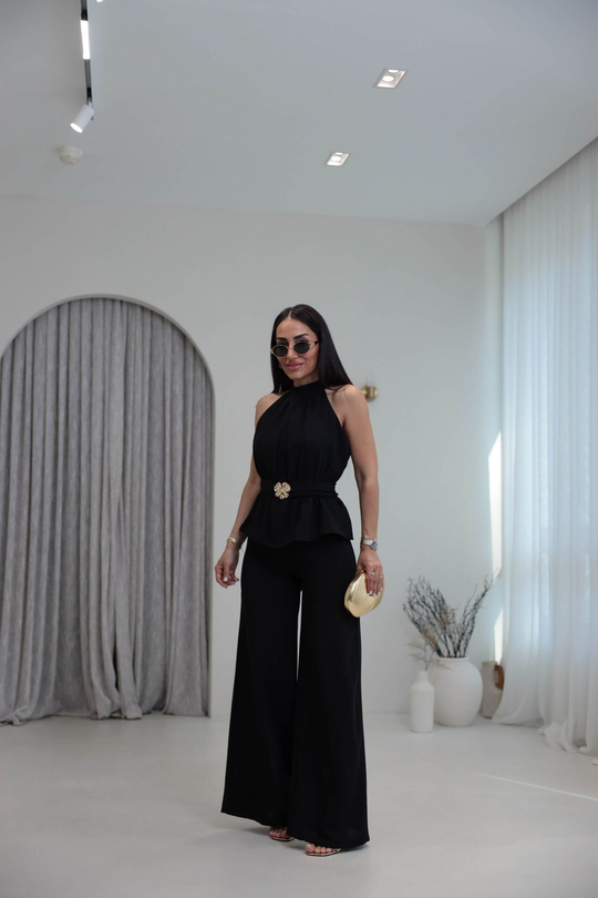 3944 Broş Detaylı Halter Yaka Tulum SİYAH