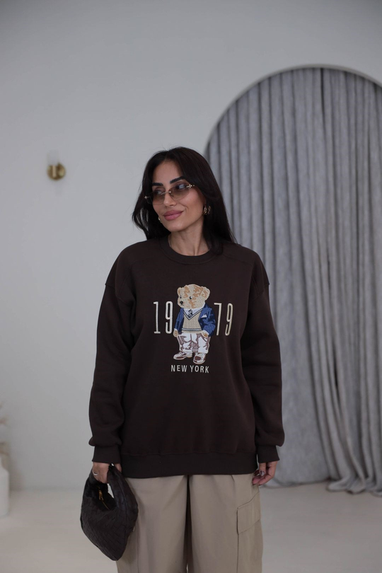 0417 Reglan Kol Teddy Nakışlı Sweatshirt KAHVE