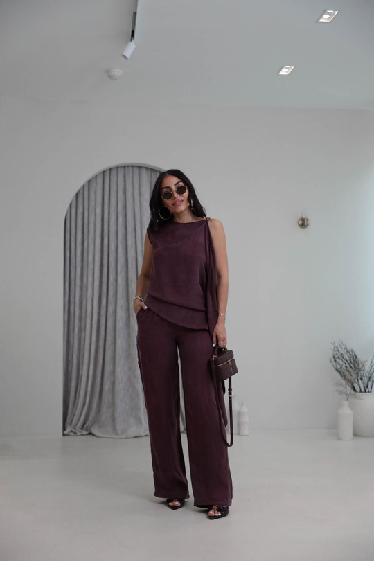 1395 Omuzu Aksesuar Detaylı Asimetrik Tencel Pantolon Takım MÜRDÜM
