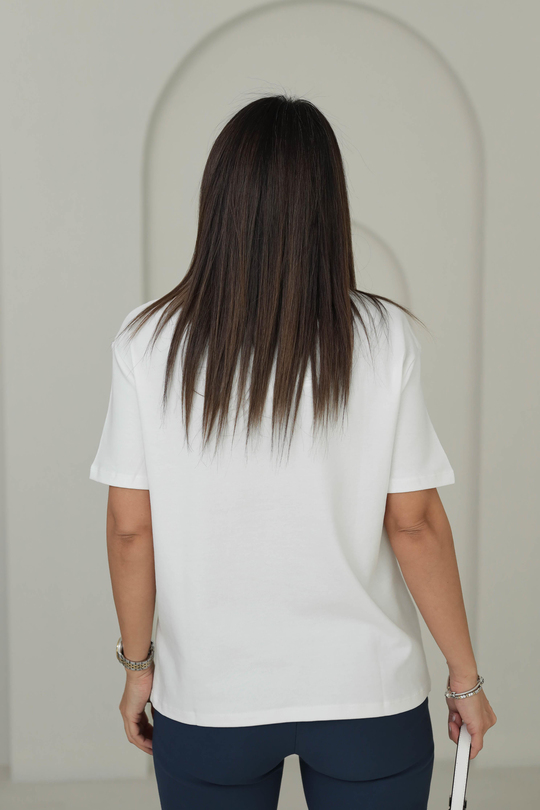 7878 Tedy Baskılı Bisiklet Yaka Tshirt BEYAZ