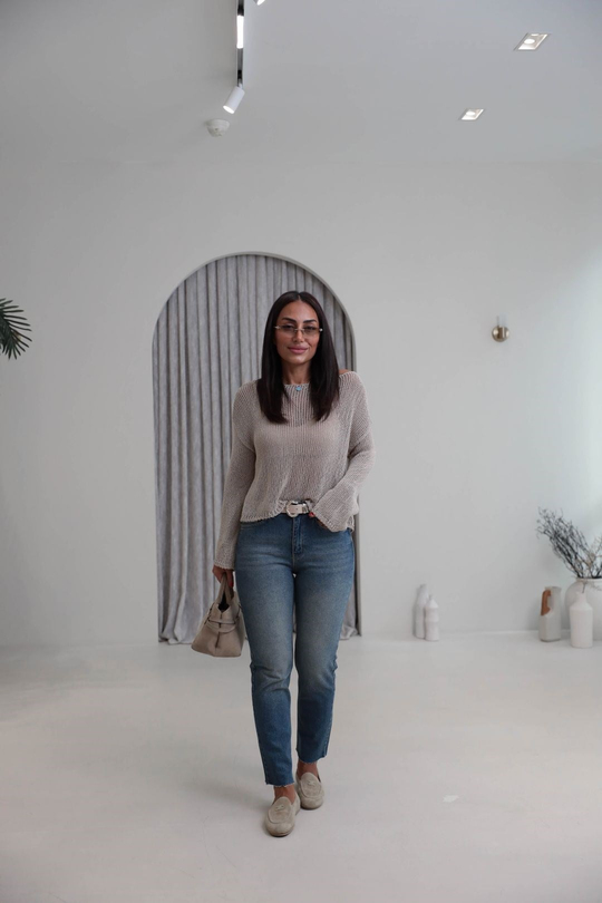 8741 Kayık Yaka Ajurlu Triko Bluz TAŞ