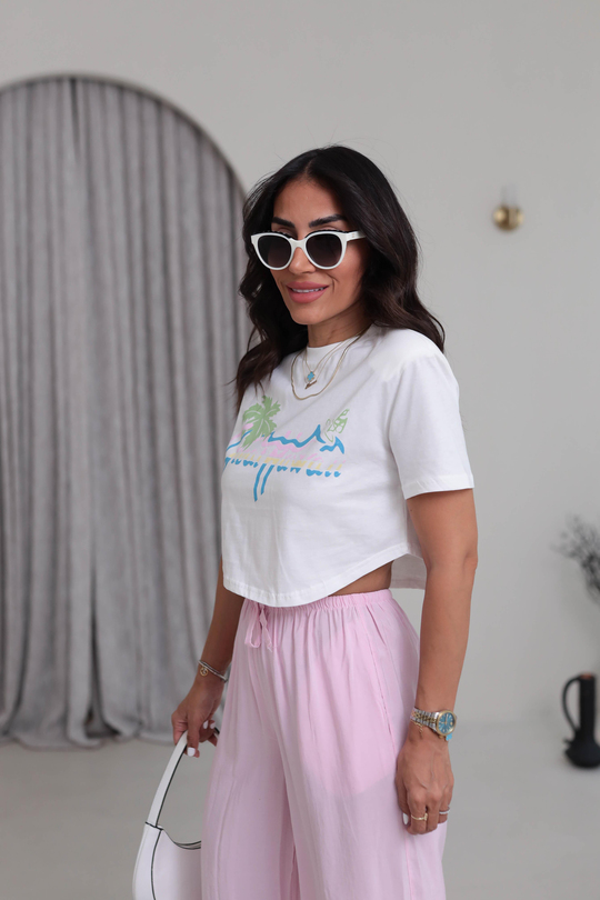 0285 Great Hawaii Baskılı Vatkalı Crop Tshirt EKRU