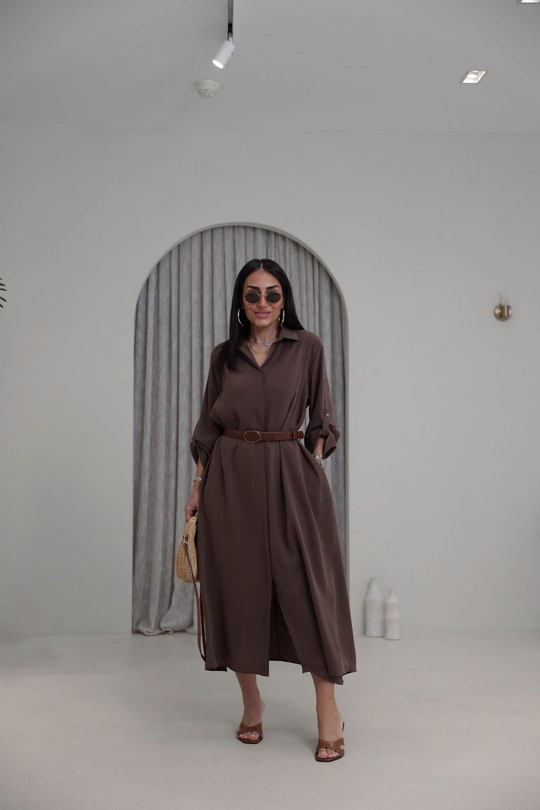 3270 Kemer Detaylı Tencel Kumaş Gömlek Elbise KAHVE
