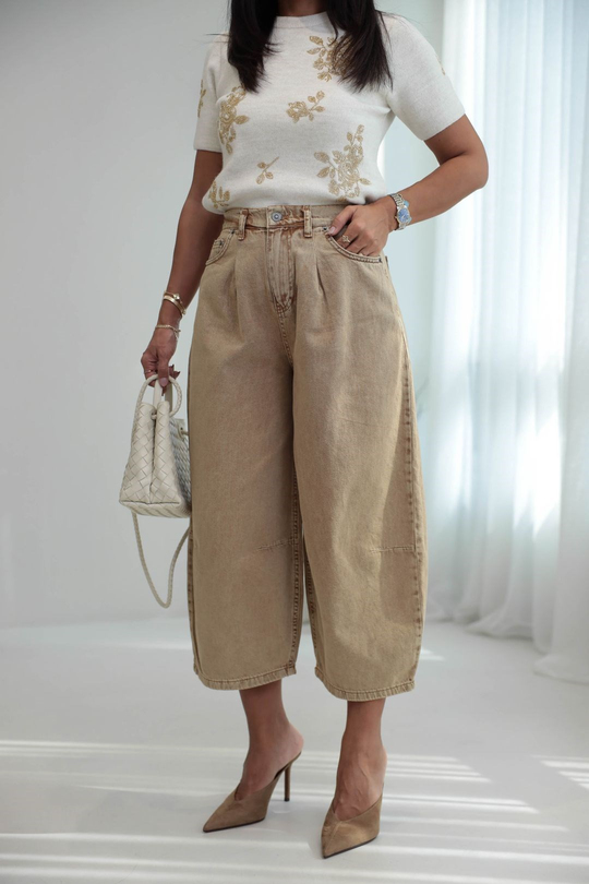 0107 Bel Lastikli Yüksek Bel Rahat Kesim Denim Pantolon CAMEL