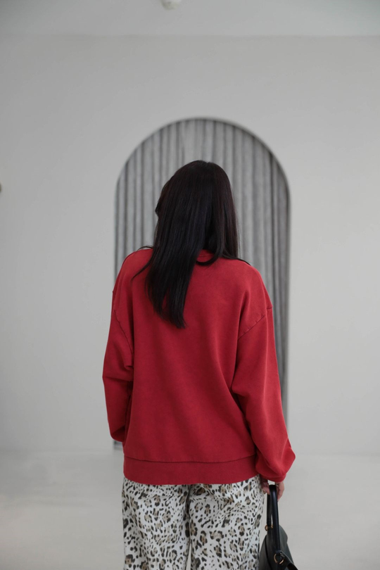 9106 Kaplan Baskılı Ribanalı İki İplik Sweatshirt KIRMIZI