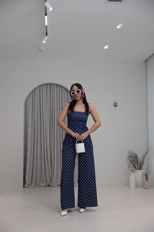 4161 Puantiyeli Askılı Bluz Pantolon Takım LACİVERT