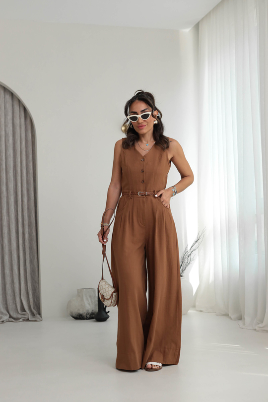 0022 Sıfır Kol Kemerli Keten Tulum TABA