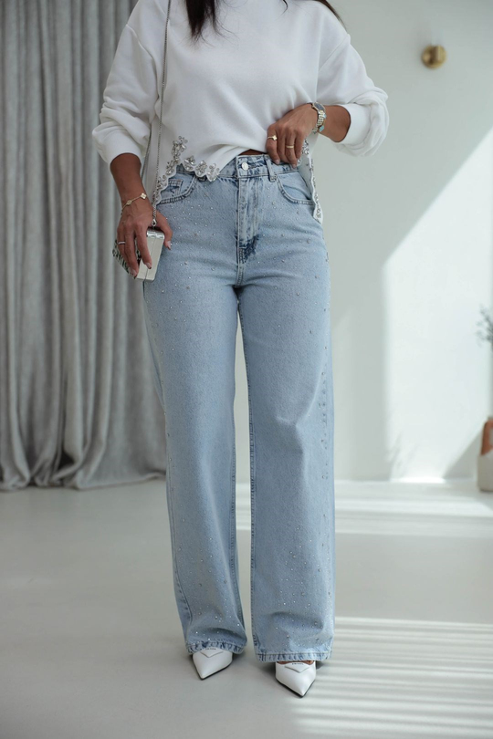 1071 Serpme Taş Detaylı Yüksek Bel Denim Pantolon BUZ MAVİ